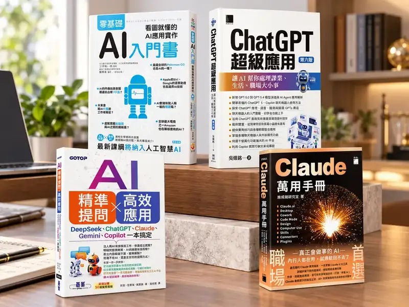 四本繁體中文 AI 學習書籍合照:零基礎AI入門書、ChatGPT超級應用、AI精準提問×高效應用、Claude萬用手冊